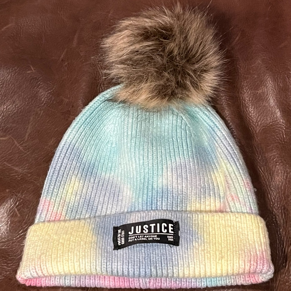 🌈 Justice Pastel Tie-Dye Beanie with Faux Fur Pom-Pom